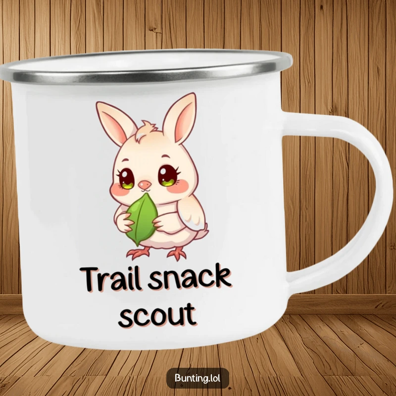 Funny bunting bird camping mug featuring a bunting with bright eyes observing a seed, built for durable outdoor use.