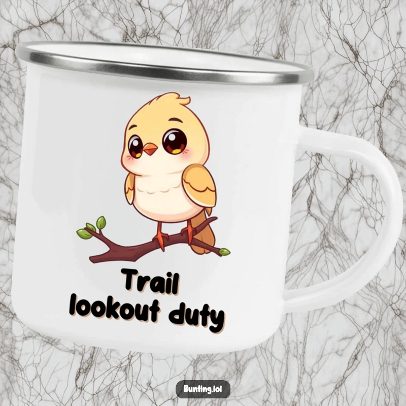 Funny camping mug with a cheerful bird featuring huge eyes, perched on a twig, observing the campsite humorously.
