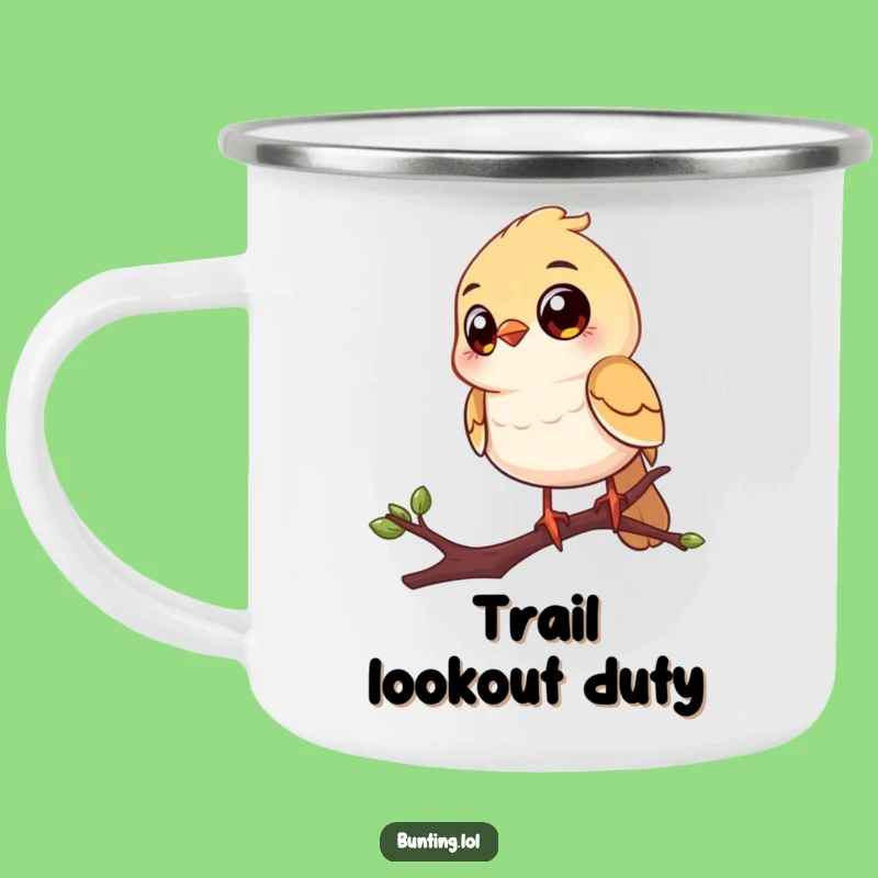 Funny Big Eyes Bird Camping Mug: Cheerful Perched Songbird Cup, Humorous Gift