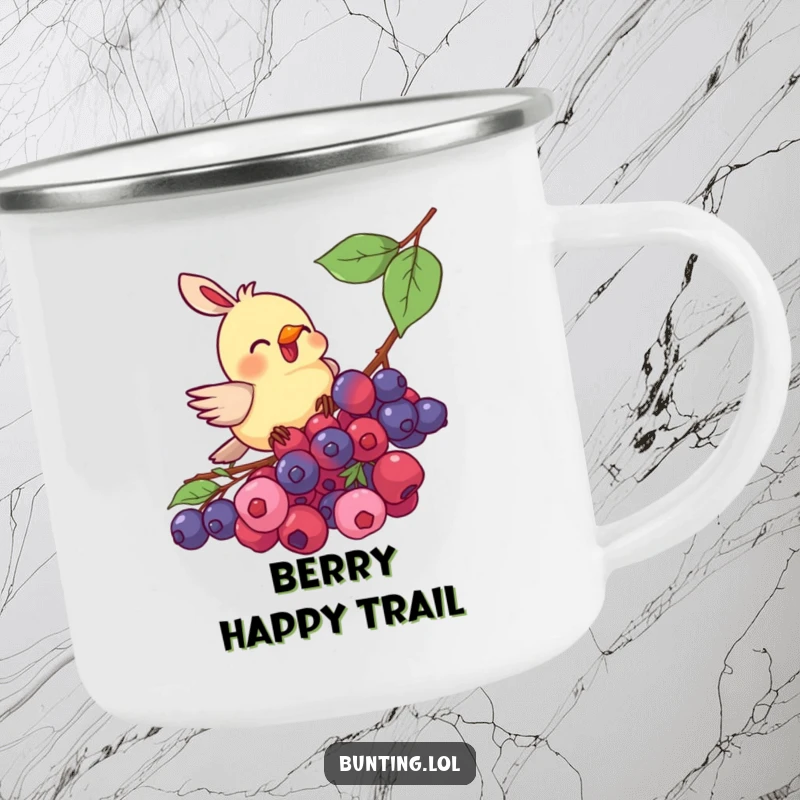 Funny bunting bird camping mug, humorously captured mid-peck at a cluster of juicy berries, perfect for outdoor adventures.