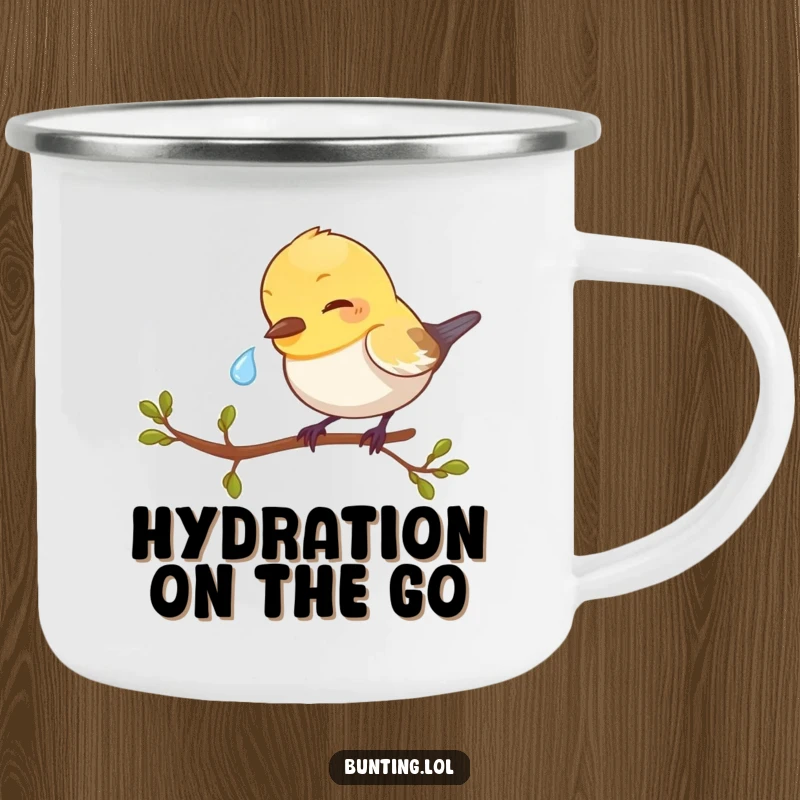 Funny Bunting Camping Mug featuring a bird pecking a dewdrop, a charming and humorous addition to outdoor gear.