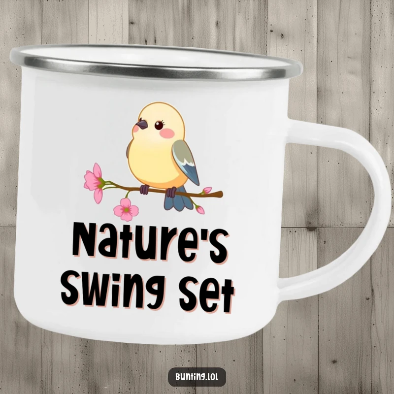 Funny Camping Mug: Bunting bird perching on a delicate flower stem, swaying gently, for humorous outdoor moments.