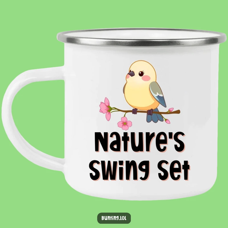 Funny Bunting Bird Camping Mug: Floral Perch, Outdoor Calm!