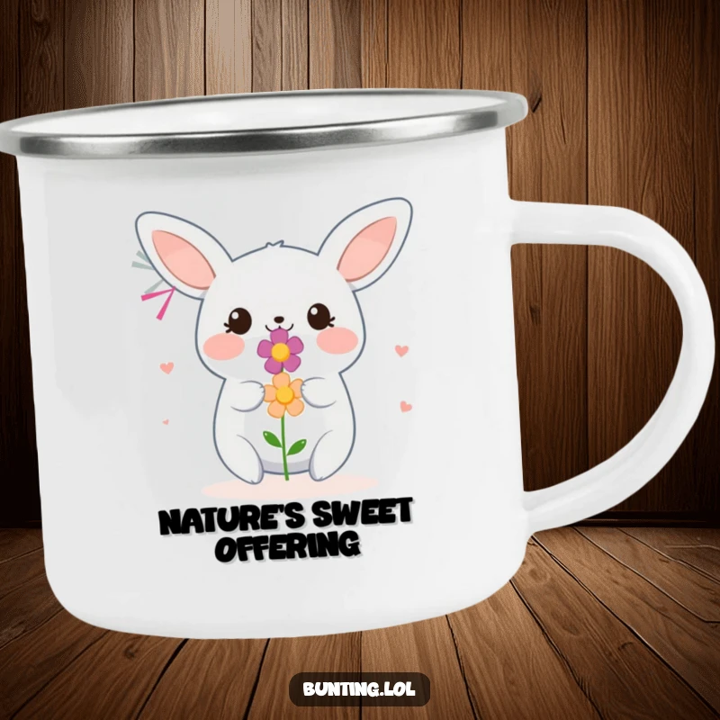 Funny Bunting Camping Mug featuring a smiling bird offering a flower, perfect for thoughtful outdoor enjoyment.