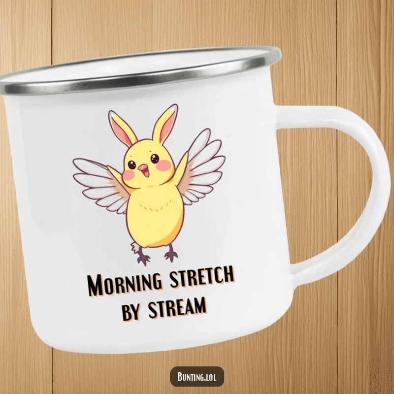 Funny Bunting Camping Mug featuring a bird stretching its wings gracefully, perfect for outdoor elegance.
