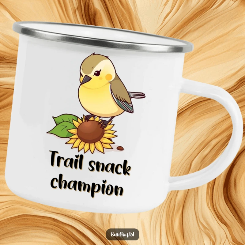 Funny Camping Mug: Bunting bird pecking with gusto at a sunflower seed, perfect for humorous outdoor enjoyment.