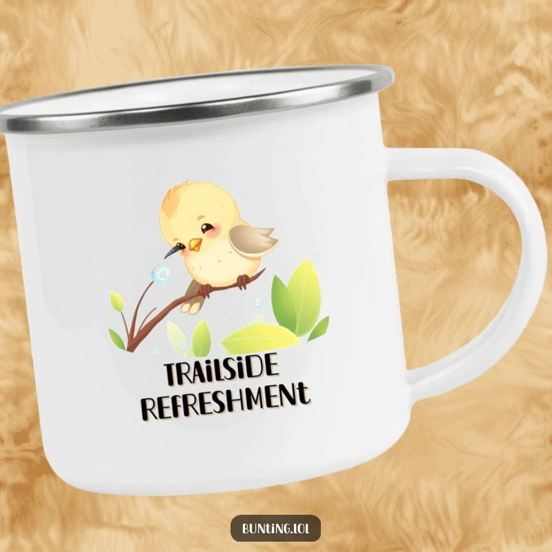 Funny Camping Mug depicting a cute bunting bird's funny moment pecking at a dewdrop, ideal for outdoor enthusiasts.