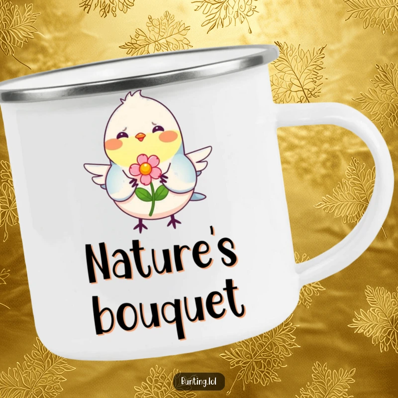 Funny Camping Mug depicting a smiling bunting bird offering a flower, adding a humorous and sweet touch to outdoor drinks.