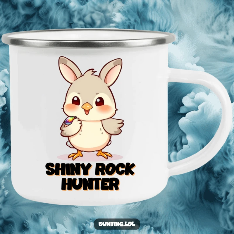 Funny Bunting Camping Mug showing a bird playfully pecking at a shiny object, perfect for outdoor adventures and humor.