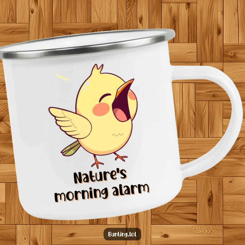 Funny bunting camping mug, showing a happy bird chirping with its beak open, durable for adventures and cheerful sips.
