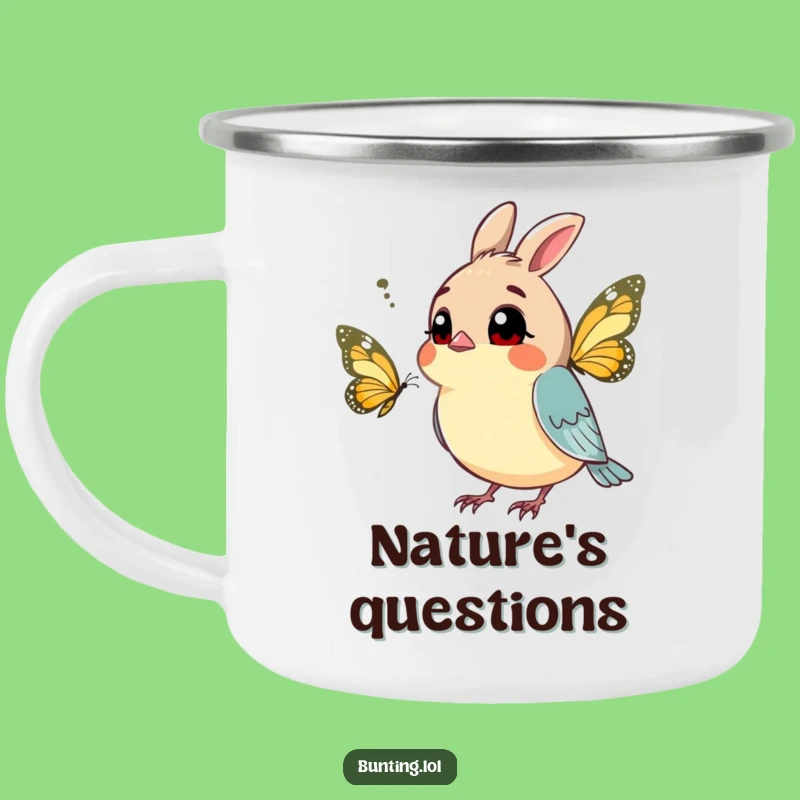 Funny Curious Bunting Camping Mug: Explore with a Question