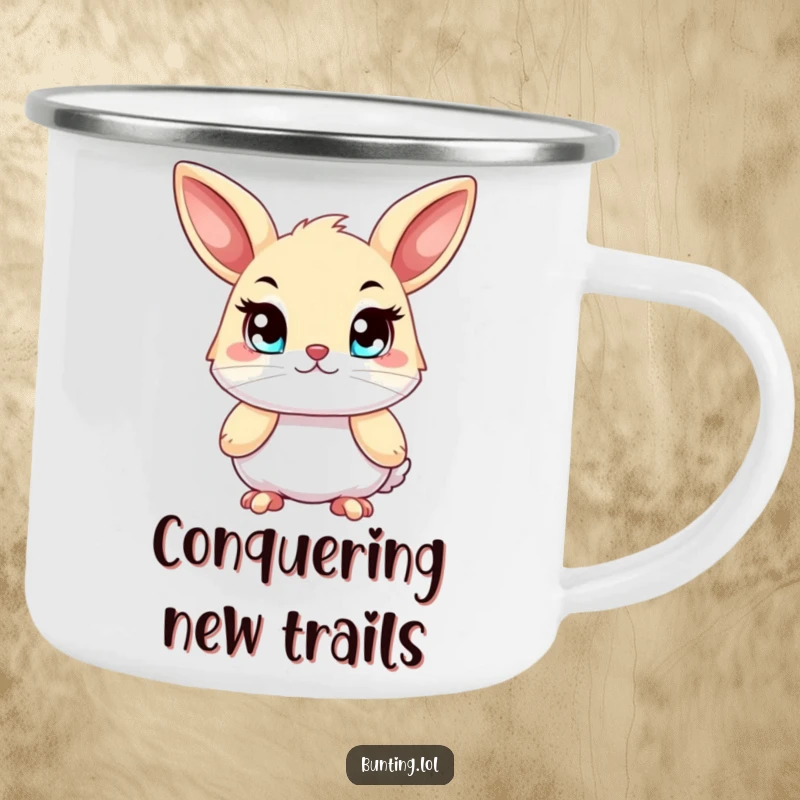 Funny bunting camping mug, showing a bird with bright, determined eyes, durable for adventures and focused sips.