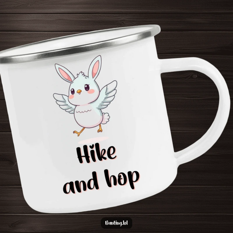 Funny bunting bird energetically hopping with wings spread, designed for durability on this fun camping mug.