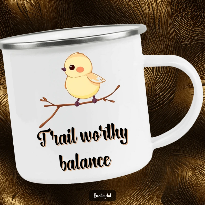 Funny Bunting Camping Mug with a bird hopping on a twig, perfect for outdoor use.