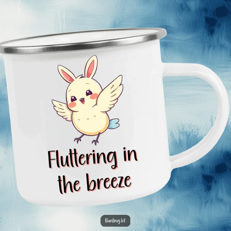 Funny Bunting Camping Mug with a cute bird doing a joyful wing flutter, ideal for outdoor cheer and a humorous funny gift.