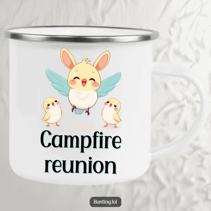 Funny bunting bird joyfully flying towards a group of friends, designed for durability on this charming camping mug.