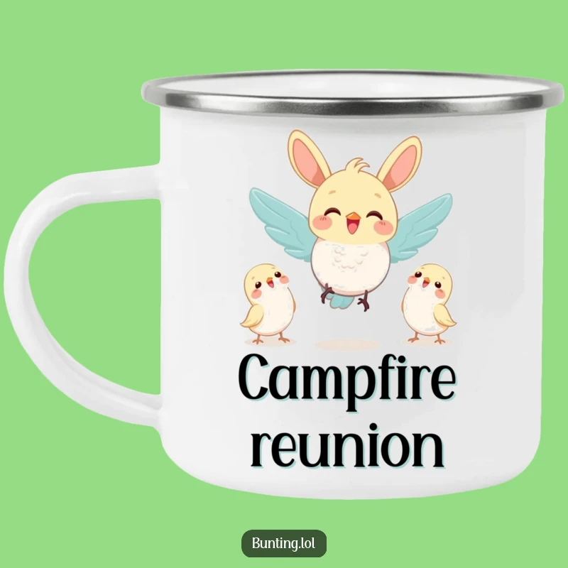 Funny Joyful Bunting Camping Mug: Fly to Friends!
