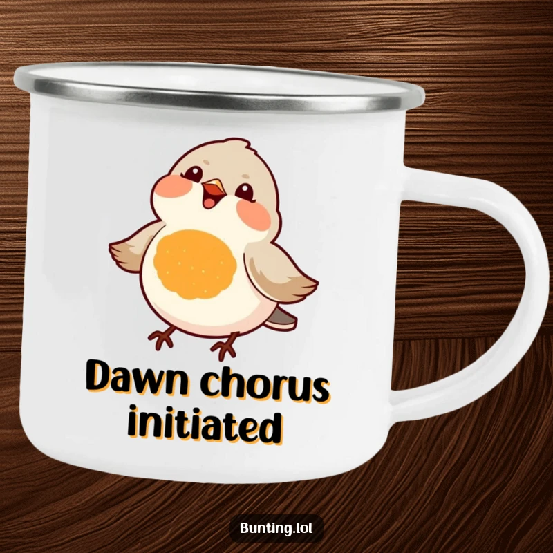 Funny camping mug showcasing a small, bright orange-chested bird, joyfully chirping, ideal for outdoor enthusiasts seeking humor.