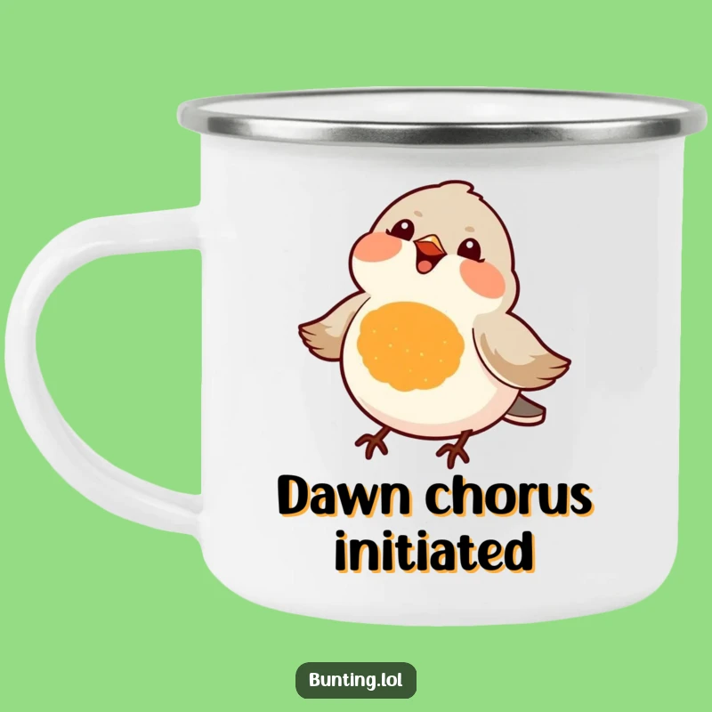 Funny Orange Bird Camping Mug: Joyful Chirping Songbird Enamel Cup, Humorous Gift