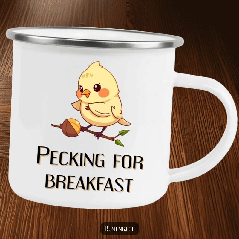 Funny Bunting Camping Mug with a cute bird playfully pecking at a seed, ideal for outdoor discovery and a humorous funny gift.