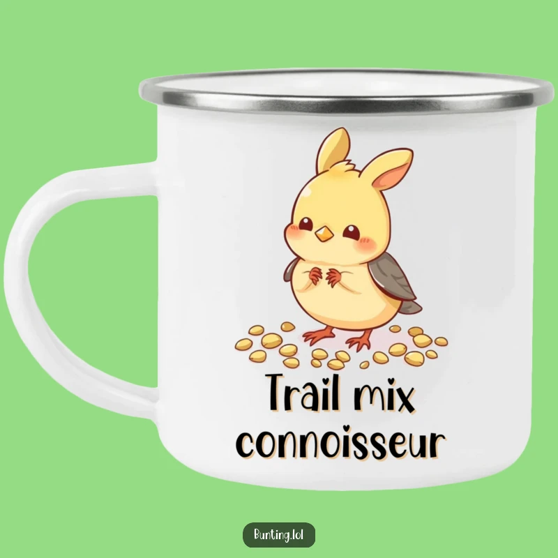 Funny Pecking Bunting Camping Mug: Durable Bird Eating Seeds, Hilarious Outdoor Companion