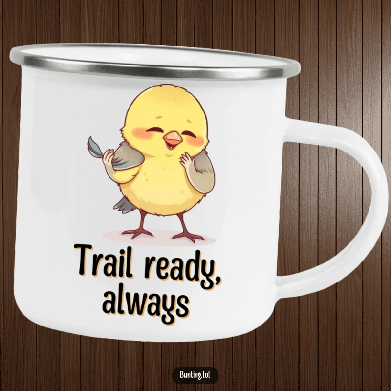 Funny bunting camping mug, showing a bird comically preening its smallest feather, durable for adventures and detailed sips.