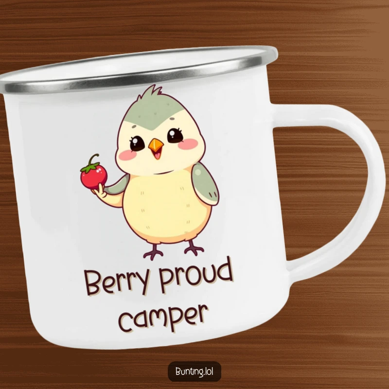Funny Bunting Camping Mug with a cute bird proudly holding a tiny berry, ideal for outdoor celebrations and a humorous funny gift.