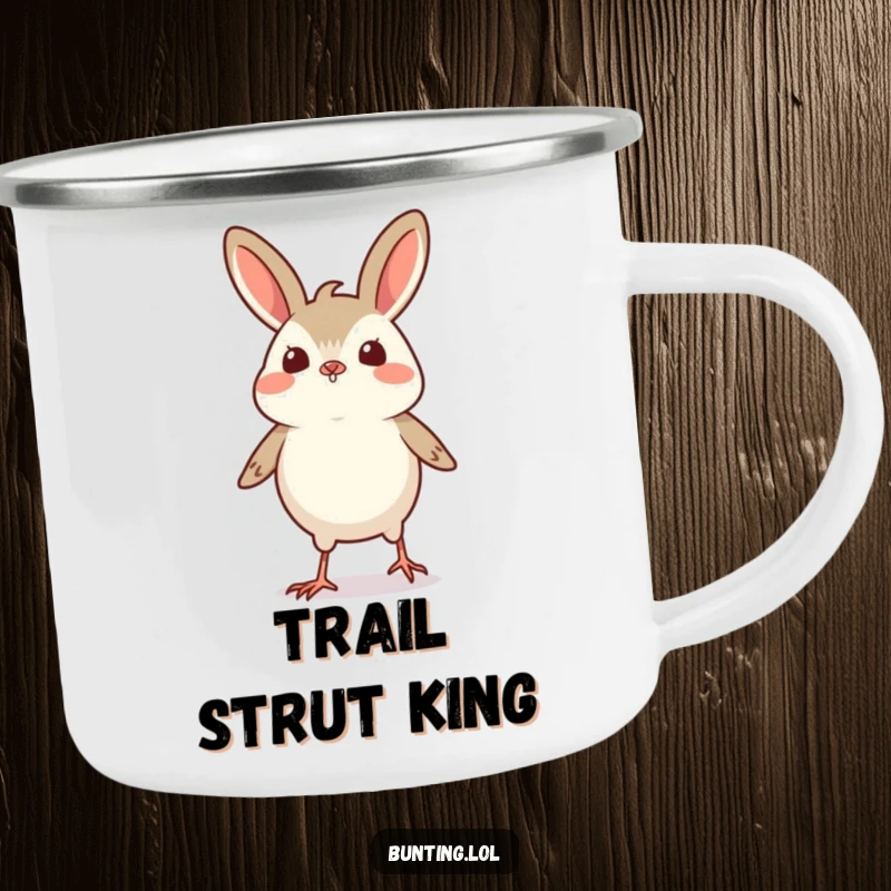 Funny Bunting Camping Mug showing a small bird doing a tiny, proud strut, perfect for outdoor adventures and humor.