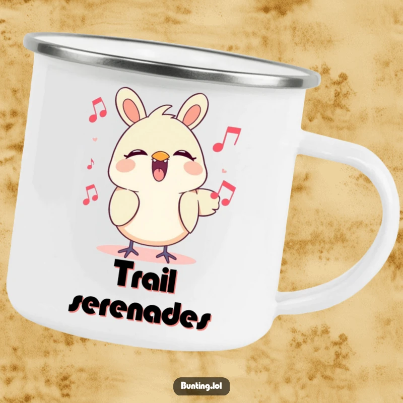 Funny Camping Mug featuring a cute bunting character singing joyfully, perfect for outdoor adventures and cozy moments.