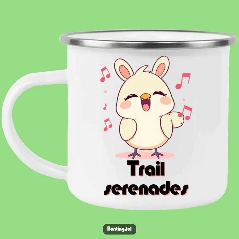 Funny Singing Bunting Camping Mug: Adventure Tunes with a Cheerful Character's Melody