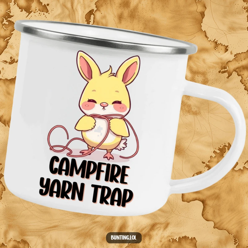 Funny bunting bird comically tangled in yarn, designed for durability on this amusing camping mug.