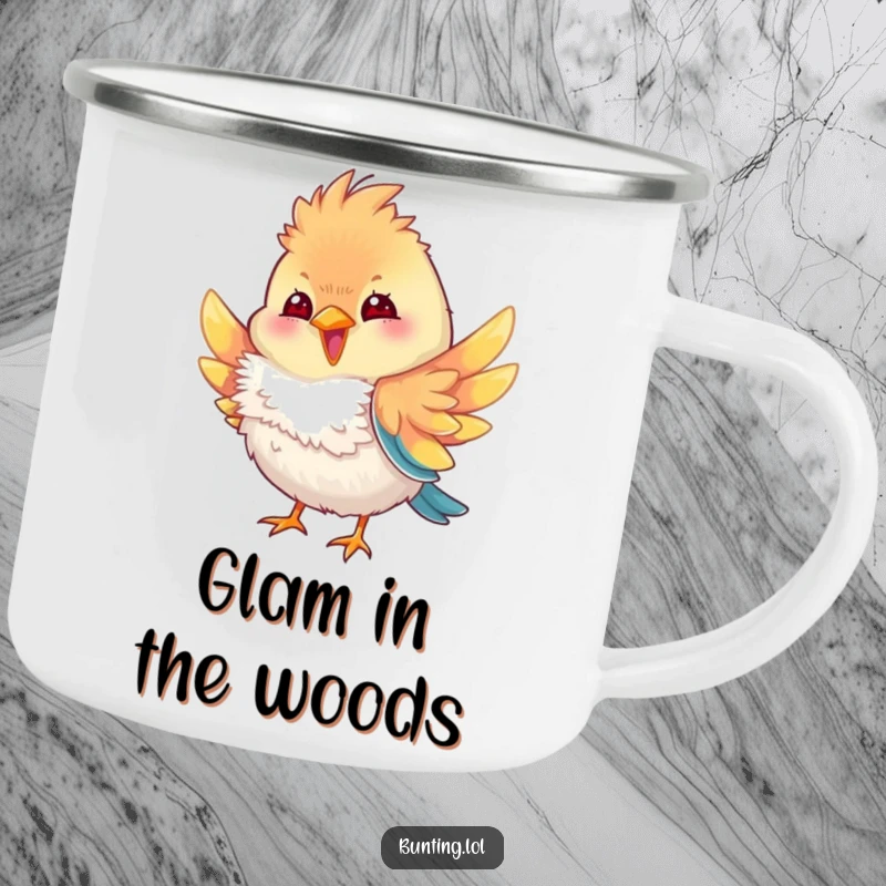 Funny bunting bird camping mug showing a bunting character playfully fluffing its colorful feathers, ideal for enjoying drinks outdoors with a humorous touch of avian glamour.