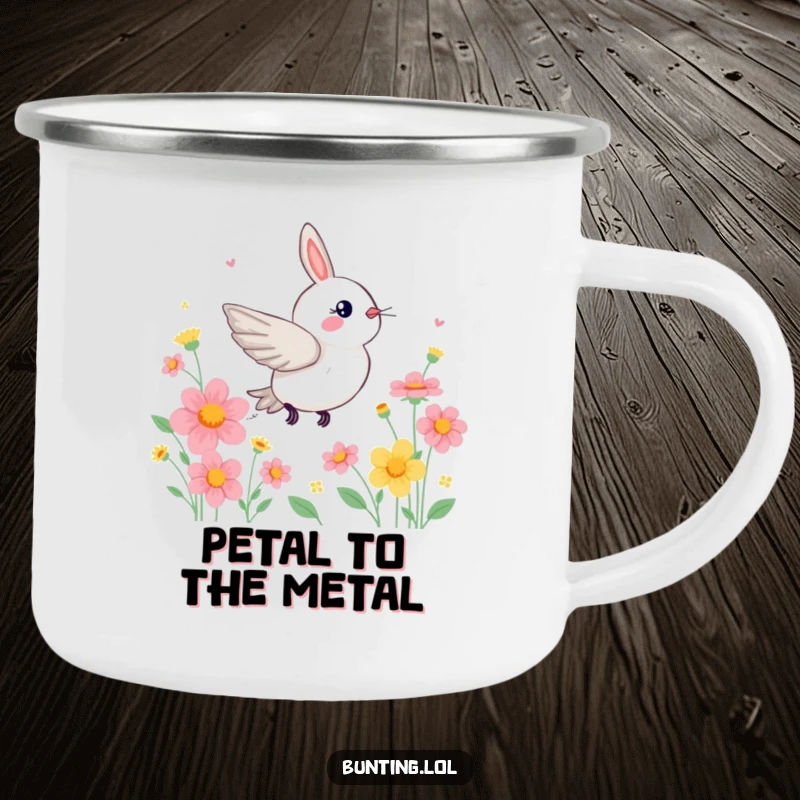 Funny Bunting Camping Mug with a bird zipping through flowers, perfect for outdoor fun.