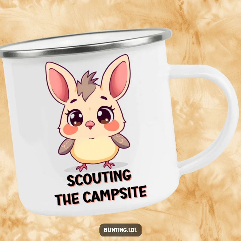 Funny Curious Bunting Camping Mug: A wide-eyed bunting bird curiously surveying its surroundings, great for outdoor humor.