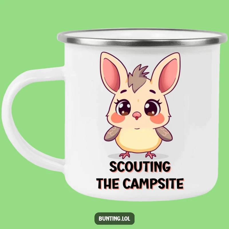 Funny Curious Bunting Camping Mug: Durable Bird Exploring, Hilarious Outdoor Companion