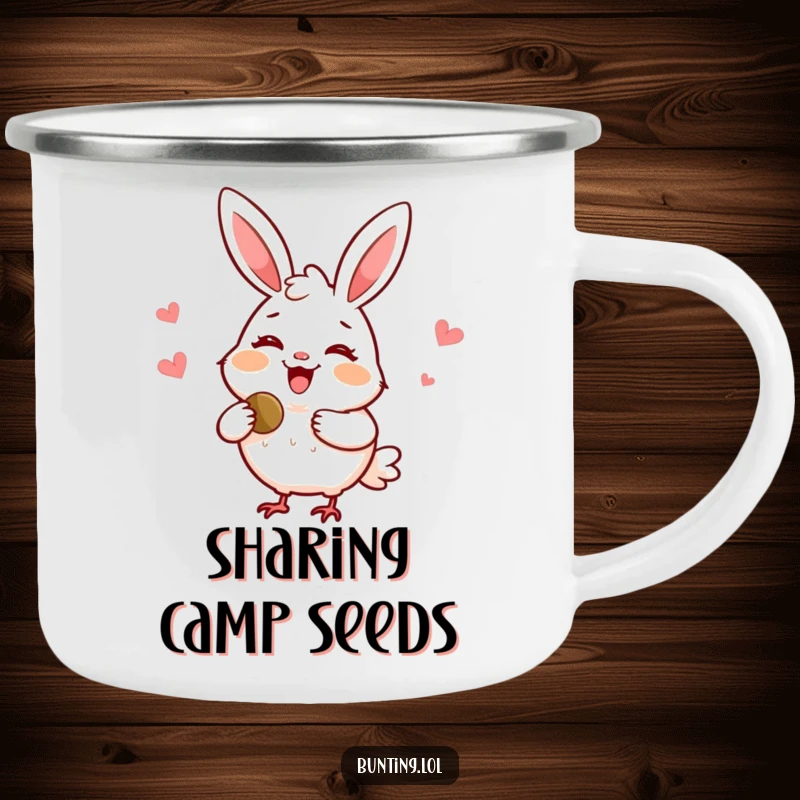 Funny bunting camping mug with a delighted bird smiling and sharing a seed, perfect for outdoor enthusiasts who value sharing.