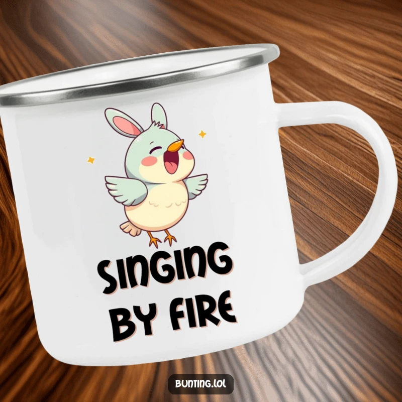 Funny bunting camping mug showing a cute bird character cheerfully singing with its beak open, perfect for outdoor music lovers.