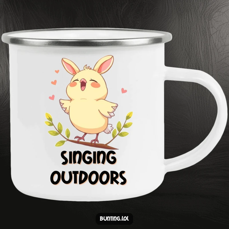 Funny bunting bird camping mug, humorously shown joyfully singing with its beak open, bringing melodies to outdoor experiences.