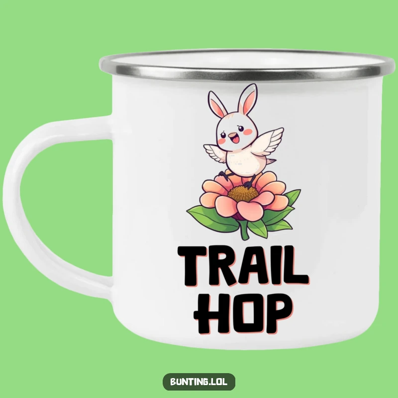 Funny Bunting Hop Camping Mug: Energetic Adventures with a Flower-Hopping Character