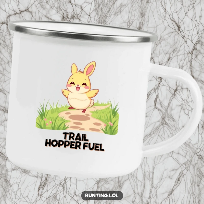 Funny bunting bird camping mug featuring a bunting joyfully hopping along a grassy path, built for outdoor adventures.