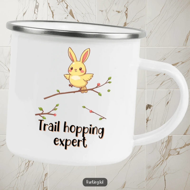 Funny Hopping Bunting Camping Mug: An energetic bunting bird happily hopping between perches, great for outdoor humor.