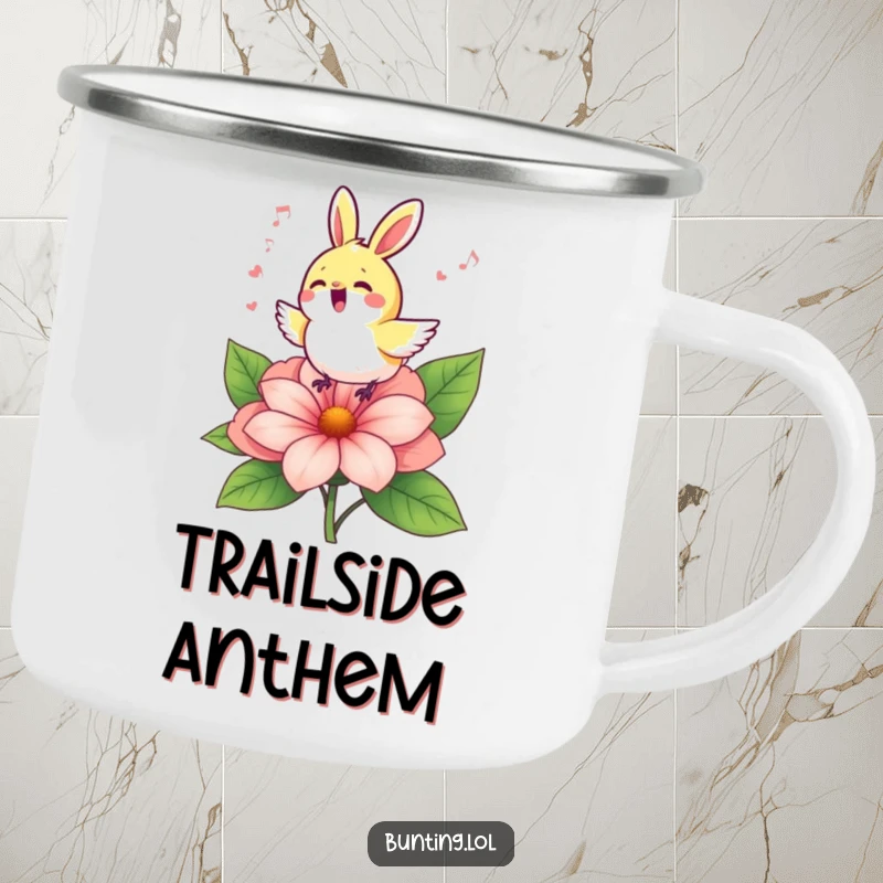 Funny bunting bird singing on a flower, designed for durability on this charming camping mug.