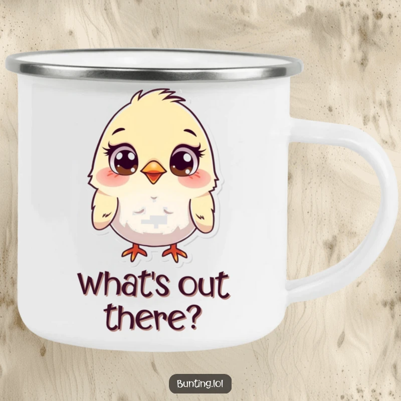 Funny Bunting Camping Mug with a cute bird character displaying wide, curious eyes, ideal for outdoor fun and a humorous funny gift.