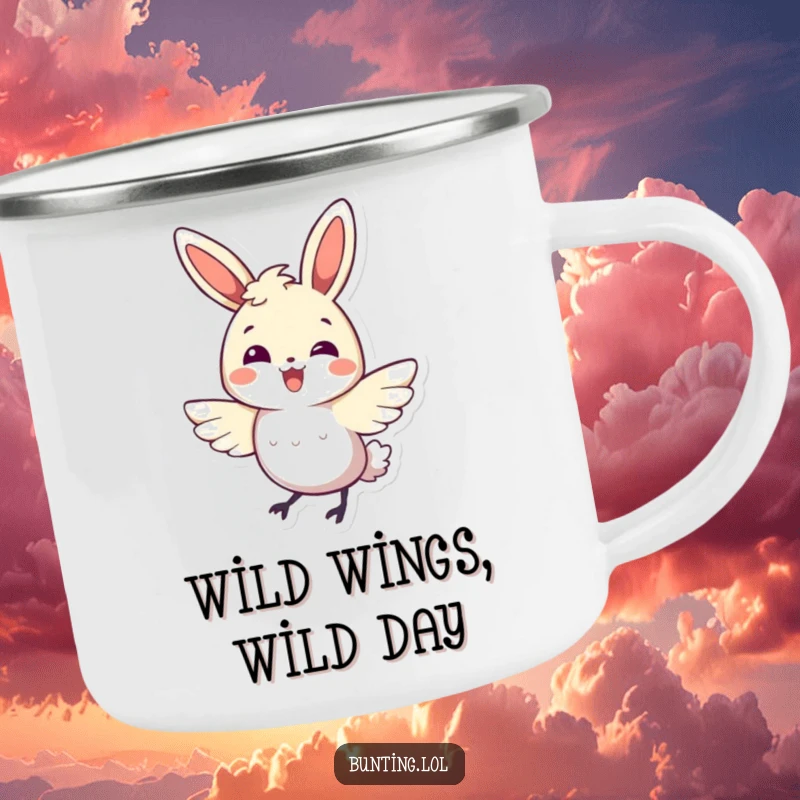 Funny bunting bird camping mug showing a character doing a happy, energetic wing flutter, for outdoor lovers.