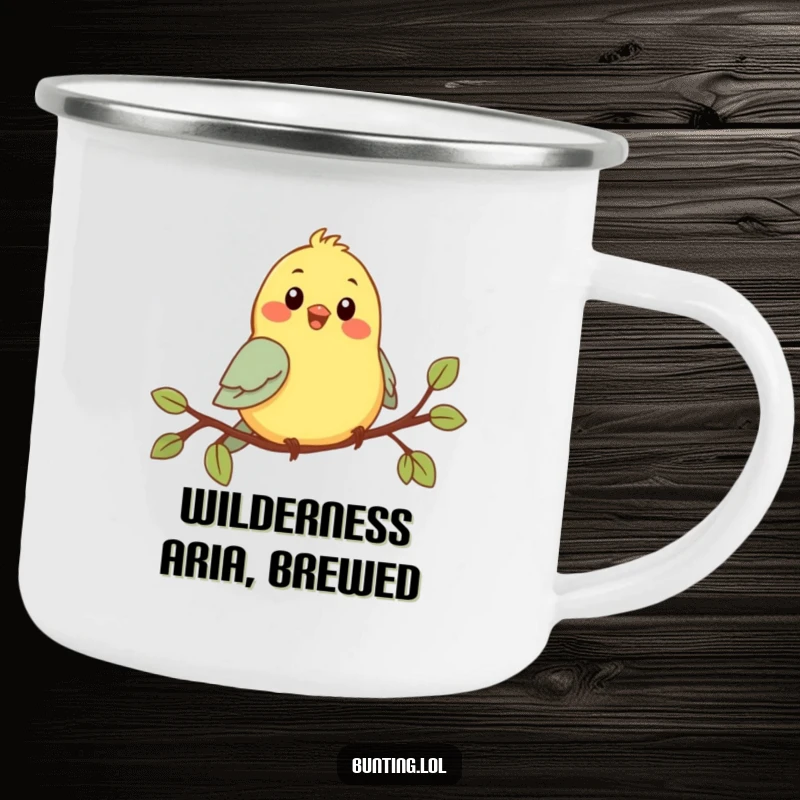 Funny Chirping Bunting Camping Mug: A cute bird is cheerfully singing on a branch, perfect for outdoor humor.