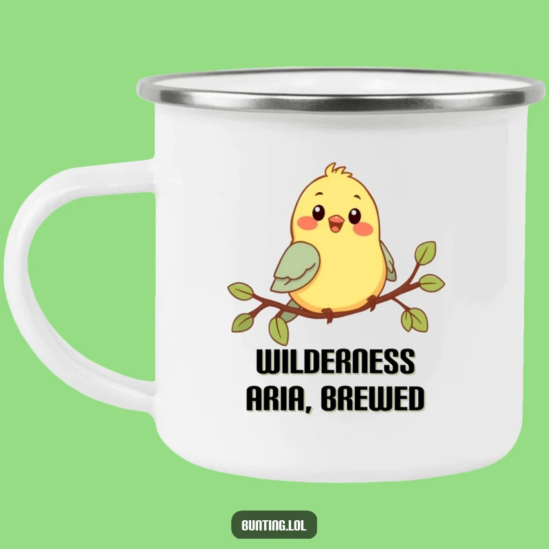 Funny Chirping Bunting Camping Mug: Durable Bird Character Singing Joyfully, Hilarious Outdoor Companion