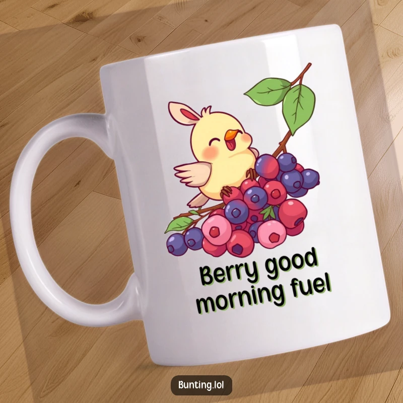 Funny bunting bird mug, enthusiastically pecking at a ripe cluster of red berries, capturing a moment of pure avian joy.