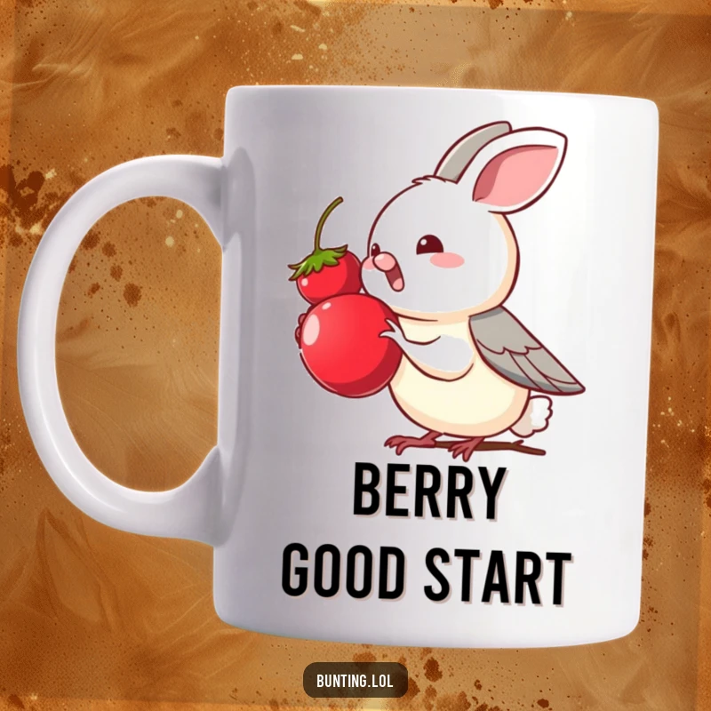 Funny bunting bird character eagerly reaching out for a plump, tempting berry, on a mug, depicting desire and delight.
