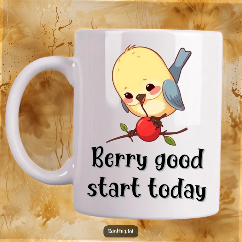 Funny bunting mug with a comical bird pecking at a minuscule berry, looking intensely focused and slightly ridiculous.