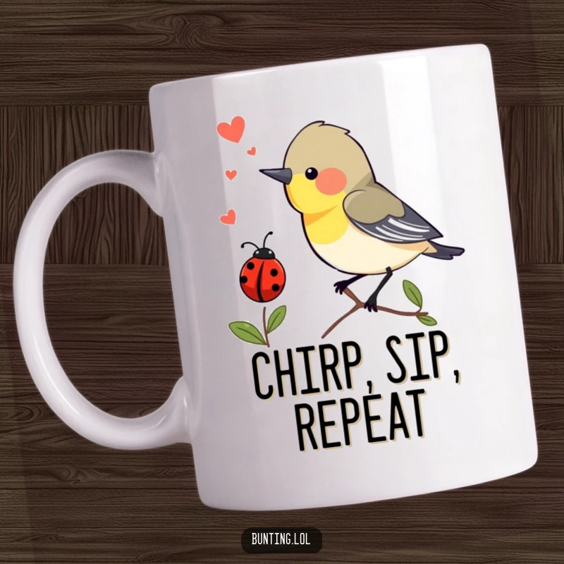 Funny Mug: A bunting bird chirps with excitement at a passing ladybug, capturing a moment of humorous interspecies interaction.